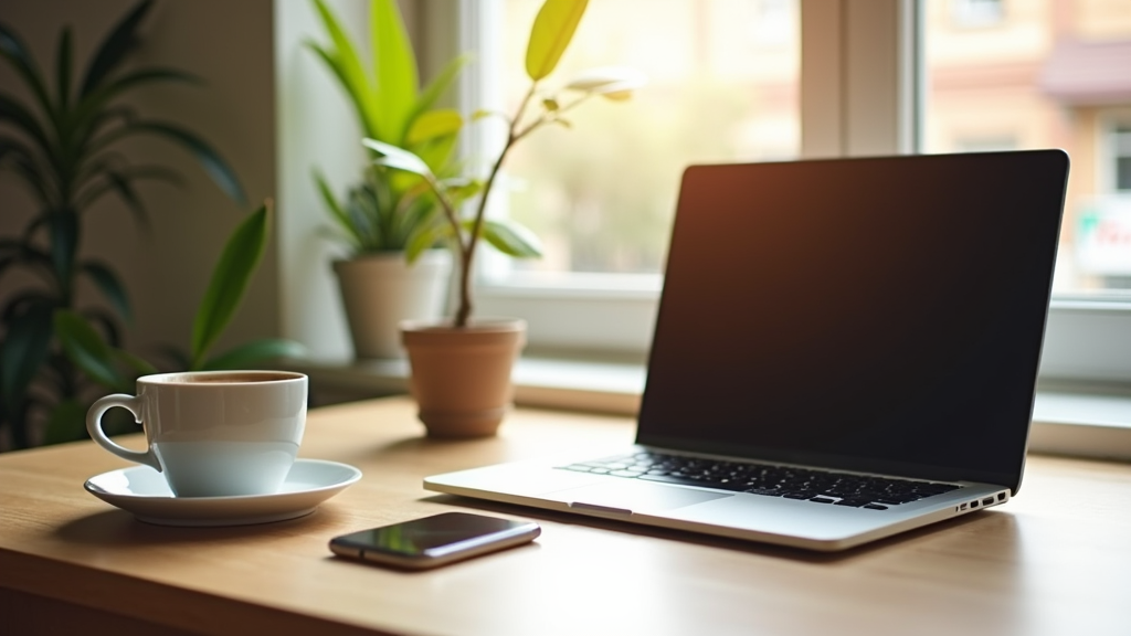 laptop desk with coffee cup and plant, budget-friendly affiliate website project