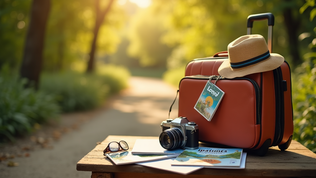 Sunny travel destination with luggage, camera, and brochures