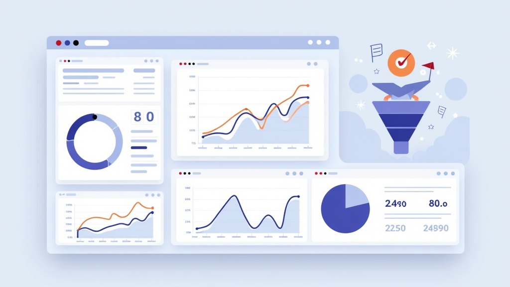 A graphical dashboard displaying website analytics charts and conversion funnels