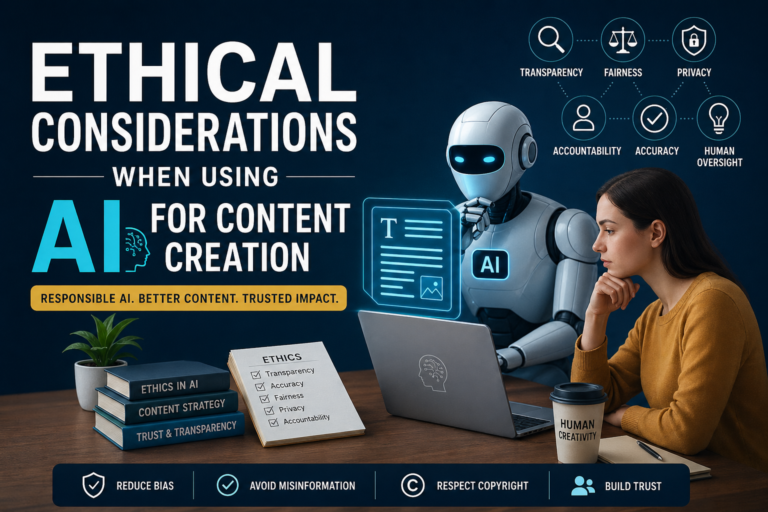 Robot and woman collaborating at a laptop about ethical considerations for AI content creation; headline reads 'Ethical considerations when using AI for content creation' with icons for transparency, fairness, accountability, privacy.