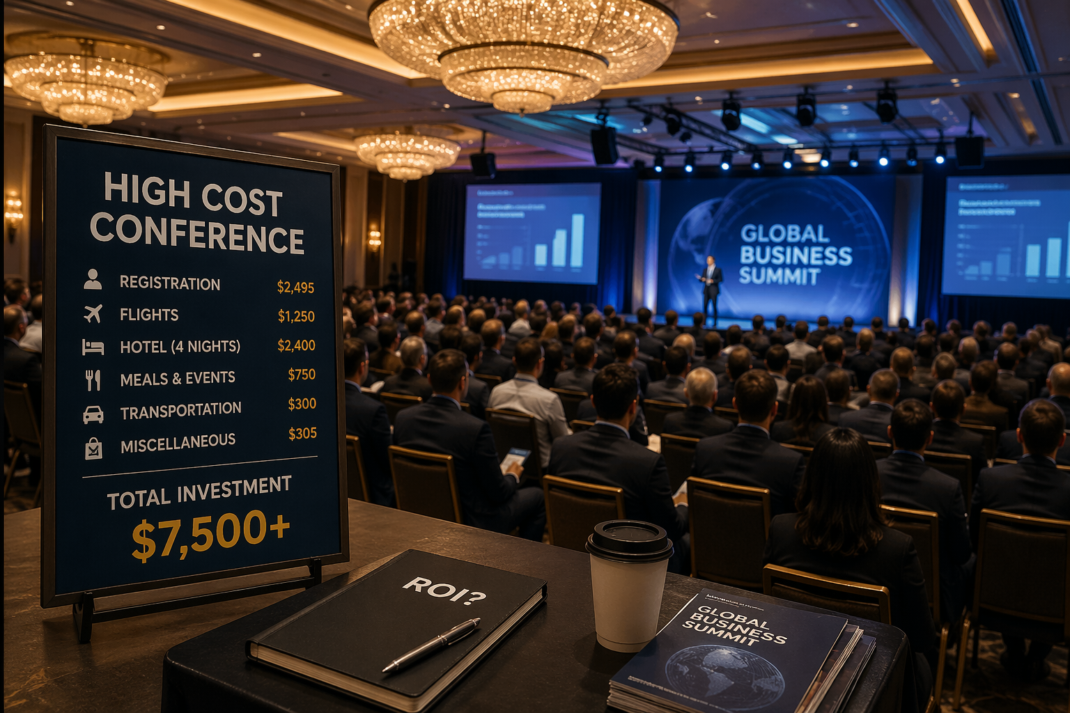 Blue sign labeled HIGH COST CONFERENCE showing cost items and total '$7,500+' beside a crowded conference hall.]','Stage at Global Business Summit with presenter and two screens; audience in business attire.