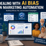 Infographic banner about AI bias in marketing automation, featuring an Ethical AI shield, bias-check panel, and a diverse group of people on the right.