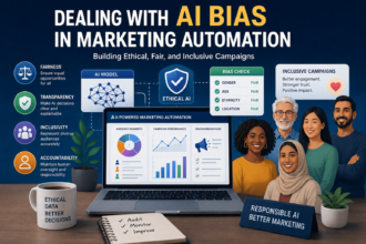 Infographic banner about AI bias in marketing automation, featuring an Ethical AI shield, bias-check panel, and a diverse group of people on the right.