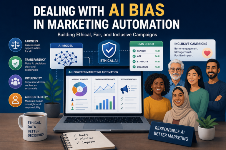 Infographic banner about AI bias in marketing automation, featuring an Ethical AI shield, bias-check panel, and a diverse group of people on the right.