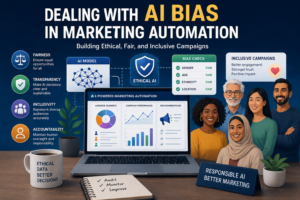 Infographic banner about AI bias in marketing automation, featuring an Ethical AI shield, bias-check panel, and a diverse group of people on the right.