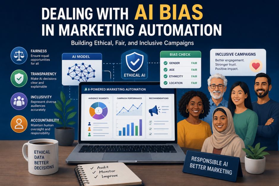 Infographic about AI bias in marketing automation, showing ethics, bias checks, inclusive campaigns, and a diverse group of people in the background.